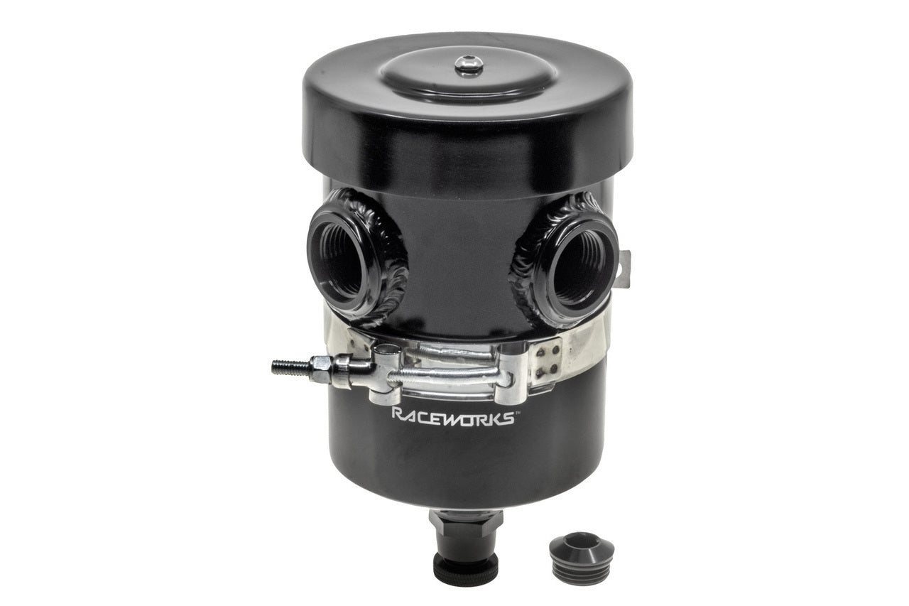 Raceworks Internal Breather Aluminium Catch Can Y-Ports with Drain Tap Black 1L