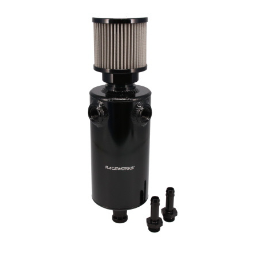 Raceworks 1L Round Catch Can with Twin AN-8 ORB Ports and Extension Breather