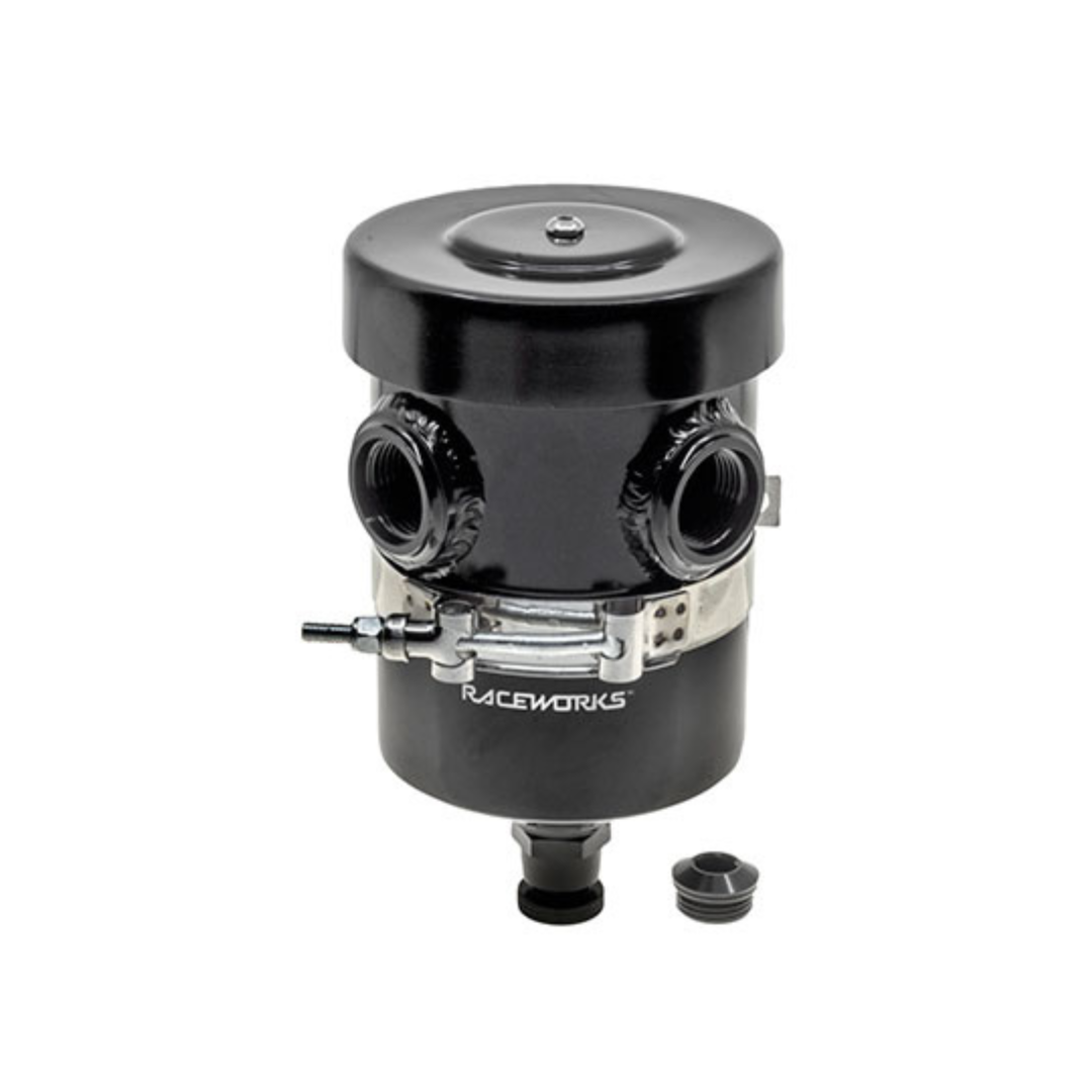 Raceworks Internal Breather Aluminium Catch Can Straight-Ports with Drain Tap Black - 1L